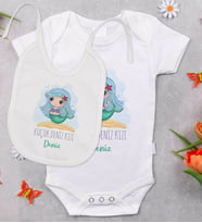 BK Kids Kişiye Özel Deniz Kızı Tasarımlı Bebek Body Zıbın ve Mama Önlüğü Hediye Seti - Model 1