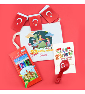 Kişiye Özel 23 Nisan Tasarımlı Ham Bez Çanta & Faber-Castell 12'li Boya Kalemi & Türk Bayraklı Balon & Asma Türk Bayrağı Hediye Seti