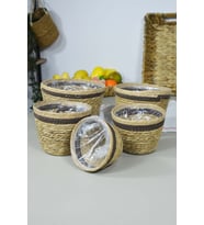 Çok Amaçlı Hasır Sepet, Saksı, Mutfak ve Banyo İçin, Kahve Şeritli