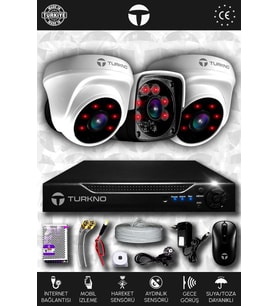 TURKNO 3 Kameralı Pania 2 İç Kamera Set HDD'siz Full HD Gece Görüşlü Güvenlik Kamerası Sistemi