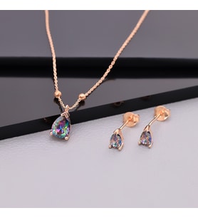 925 Ayar Gümüş Mistik Topaz Taşlı Damla Kolye Küpe Set