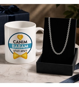 BK Gift Kişiye Özel Babalar Günü Tasarımlı Beyaz Kupa & Rolo Zincir Kolye -11, Babalar Günü Hediyesi