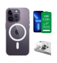 Vendas iPhone 14 Pro Uyumlu (14 Pro) Magsafe Şarj Destekli Darbe Dirençli Fit Hard Silikon Kılıf + Kamera Lens + Seramik Nano Ekran Koruyucu (Renksiz)
