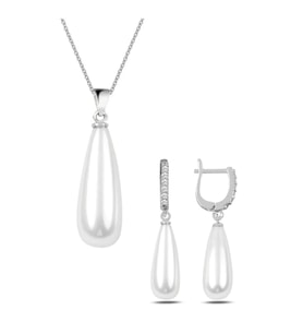 925 Ayar Gümüş Uzun Damla Model Kolye Küpe Inci Set (İnci)