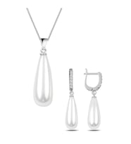 925 Ayar Gümüş Uzun Damla Model Kolye Küpe Inci Set (İnci)