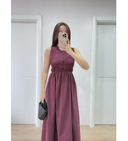 Kolsuz Göğüs Lastıklı %100 Poplin Uzun Elbise - Bordo -