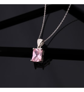 925 Ayar Gümüş Pembe Baget Taşlı Kolye