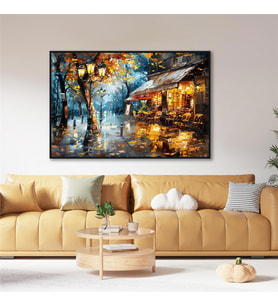 Yağlı Boya Dokulu Tablo Modern Paris Sokak Kafe Siyah Çerçeveli U09016