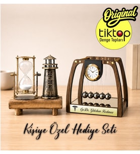 Kişiye Özel Deniz Feneri Kum Saati & İsme Özel Newton Denge Topları Hediye Seti Tiktop