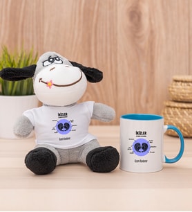 Kişiye Özel İkizler Burcuna Hediye Peluş Eşek ve Mavi Kupa