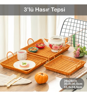 Porsima 709-D Kare 3'lü Dekoratif Ev Banyo Mutfak Düzenleyici Kulplu Hasır Sepet Seti Hasır Tepsi