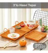 Porsima 709-D Kare 3'lü Dekoratif Ev Banyo Mutfak Düzenleyici Kulplu Hasır Sepet Seti Hasır Tepsi