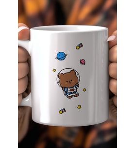 Astronot Ayıcık Desenli 330ml Baskılı Beyaz Seramik Kupa Bardak