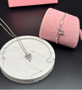 Gümüş Kaplama Kalp İşlemeli Fiyonk Kolye ve Bileklik Seti , Pembe Kurdele Kolye Bileklik Seti