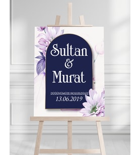 Söz Nişan Düğün İçin 50x70 Karşılama Panosu - Mavi ve Pembe Çiçek Tasarımlı
