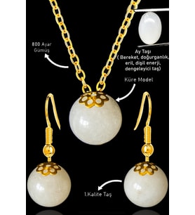 Sertifikalı Gold Küre Model Ay Taşı Kolye ve Küpe Seti - Gümüş Aparatlı