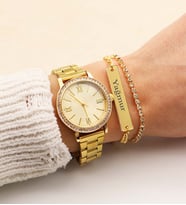 Roma Rakamlı Gold Metal Zirkon Taşlı Analog Kadın Kol Saati, İsimli Bileklik ve Zirkon Bileklik