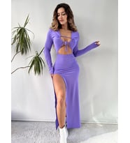 Lila Uzun Kollu Göğüs Dekolteli Maksi Elbise