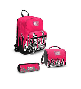 Coral High Pembe Siyah Beyaz Desenli 3'lü Okul Çanta Seti SET0123678 - Kız (Çok Renkli)