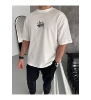 Unisex Bisiklet Yaka Baskılı Oversize T-Shirt - Beyaz