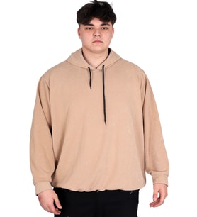 Mode XL Büyük Beden Erkek Kapüşonlu Sweatshirt Asit Yıkama Interlok U24167 Bej