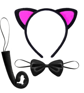 Kedi Kulak Taç Kuyruk ve Papyon 3 lü Set Çuk Boy Fuşya Renk