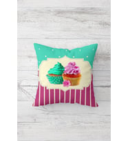 Cupcake Desenli Çift Tarafı Baskılı Gizli Fermuarlı Yastık Kılıfı Kırlent Koltuk Yastık Kılıfı (Pembe-Turkuaz)