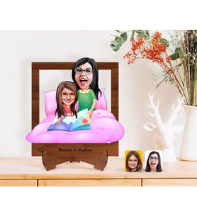BK Gift Kişiye Özel Anneler Günü Temalı Anne Kız Karikatürlü Ahşap Standlı 3D Biblo-3 (Beyaz)