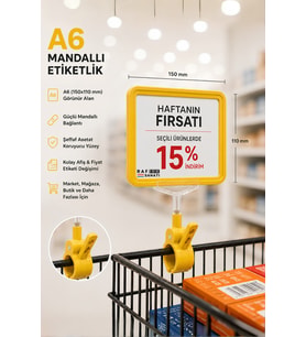 A6 Fiyatlık Mandallı Etiketlik Sepet Raf Askılık Fiyat Etiketi Çerçeveli Market Mağaza Sarı