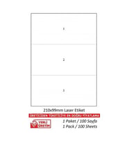 A1 Etiket Lazer Etiket tw-2003 500 A4 Sayfa Laser Etiket 210 x 99 mm Boyutunda 1 A4 Sayfada 3 Etiket