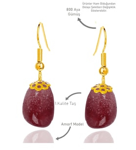 Sertifikalı Amorf Model Çilek Kuvars Taşı Küpe - Gold Renkli (Pembe)