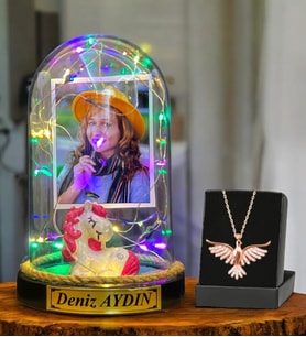 Size Özel Renkli Led Işıklı Fanus ve Zümrüdü Anka Kuşu Kolyesi - Premium Hediye Seti (Model 10)