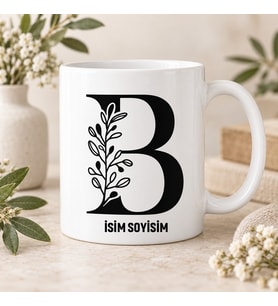 Kişiye Özel Baş Harf ve İsim Yazılı B Harfli Botanik Seramik Kupa Bardak