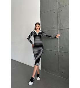 Nare Polo Yaka Siyah Beyaz Çizgili Kaşkorse Midi Elbise (Siyah Beyaz)