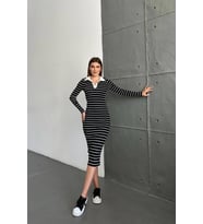 Nare Polo Yaka Siyah Beyaz Çizgili Kaşkorse Midi Elbise (Siyah Beyaz)