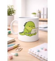 Sevimli Dinozor Tasarımlı Porselen Kupa MODEL 117 – Laptoplu Tatlı Dino Figürlü Ofis & Ev Kahve Kupası