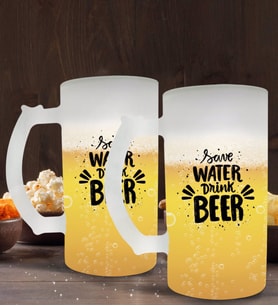 BK Gift Save Water Drink Beer Tasarımlı 2’li Buzlu Cam Bira Bardağı 50cl-1 (Beyaz)