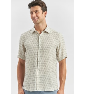 Koyu Lacivert Kısa Kollu Baskılı Düğmeli Yaka Keten Casual Slim Fit Dar Kesim Gömlek 1004240241