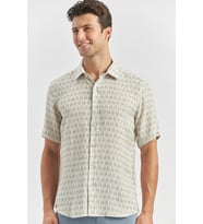 Koyu Lacivert Kısa Kollu Baskılı Düğmeli Yaka Keten Casual Slim Fit Dar Kesim Gömlek 1004240241
