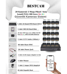 BESTCAM 20 Kameralı Set 5 Mega Piksel Sony Lensli FULL HD Gece Görüşü Renkli Güvenlik Kamera Seti 500 GB HDD