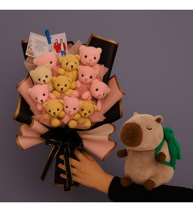 Kişiye Özel Resimli 11 Adet Ayıcık Buketi - 25cm Capybara Hediyeli (Yeşil)