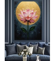 Altın Işıklı Pembe Lotus Çiçeği Dekoratif Kanvas - Mdf Ahşap Tablo