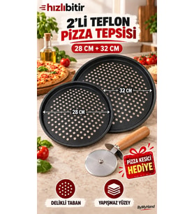 ByMyHand Teflon Kaplama Siyah Yanmaz Yapışmaz Pizza Tepsisi 2'li Set 28 32 Cm Pizza Kesici Hediyeli