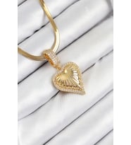 316L Çelik Zirkon Taşlı Kalp Model Gold Renk Kadın Kolye - TJ-BKO10530