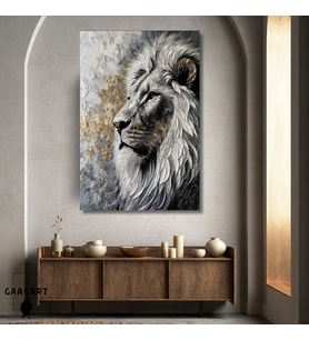 Tekli Dikey Kanvas Tablo Yağlı Boya Görünümlü Silver Gold Aslan Portresi