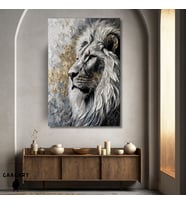 Tekli Dikey Kanvas Tablo Yağlı Boya Görünümlü Silver Gold Aslan Portresi