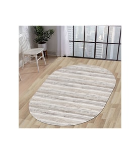 Dijidekor Halı Vizon Cool KY7055 Yıkanabilir Oval Kesme İnce Yolluk Kilim Salon Halısı Modelleri (Açık Vizon)