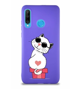 Huawei P30 Lite Soft Premier Kapak Coolcat Tasarımlı Silikon Kılıf - Mor (Şeffaf)