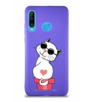 Huawei P30 Lite Soft Premier Kapak Coolcat Tasarımlı Silikon Kılıf - Mor (Şeffaf)