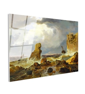Tamperli Gerçek Cam Tablo C.D. Friedrich Batık Gemi Fırtınalı Deniz Kayalık Ressam Tablosu Dekoru